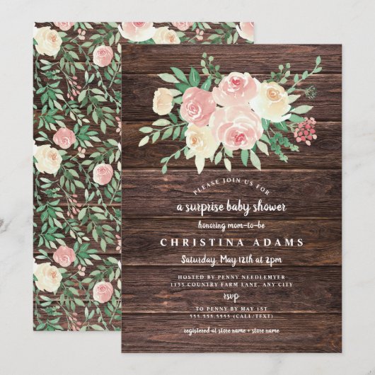 Invitation Baby shower de surprise Floral Rustic Wood Blush (Devant / Derrière)