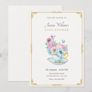 Invitation Baby shower de tasse de thé papillon aux fleurs
