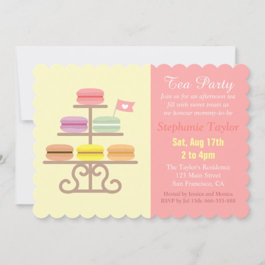 Invitation Baby shower de Tea Party de Macarons français, ros (Devant)