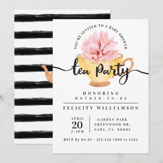 Invitation Baby shower de Teacup Jaune Tea Party (Devant / Derrière)