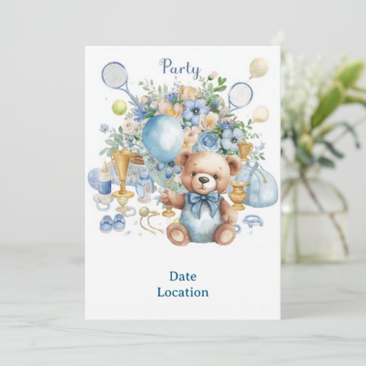 Invitation Baby shower de tennis pour bébé garçon bleu thème (Debout devant)