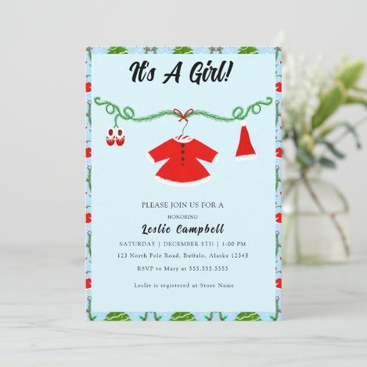 Invitation Baby shower de tenue Père Noël pour bébé fille (Debout devant)