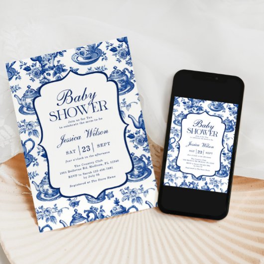Invitation Baby shower de thé Bleu Blanc Chinoiserie