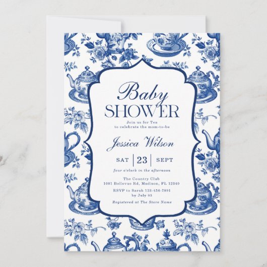 Invitation Baby shower de thé Bleu Blanc Chinoiserie (Devant)
