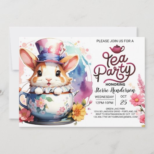 Invitation Baby shower de thé de lapin rose (Devant)