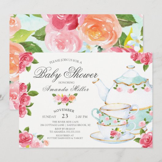 Invitation Baby shower de thé floral aquarelle (Devant / Derrière)