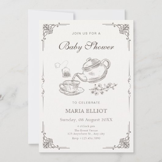 Invitation baby shower de thé vintage (Devant)