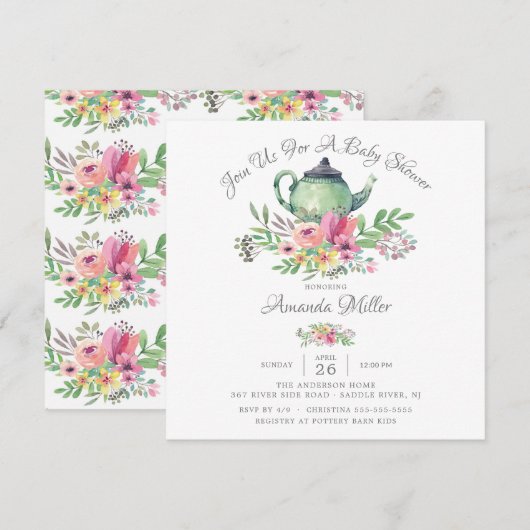 Invitation Baby shower de théière florale Aquarell (Devant / Derrière)