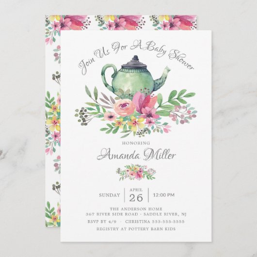 Invitation Baby shower de théière florale Aquarell (Devant / Derrière)
