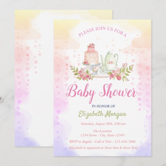 Invitation Baby shower de théière florale pour la petite fill (Devant / Derrière)