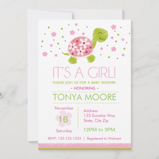 Invitation Baby shower de tortue rose (Devant)