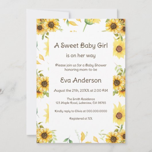 Invitation Baby shower de tournesol (Devant)
