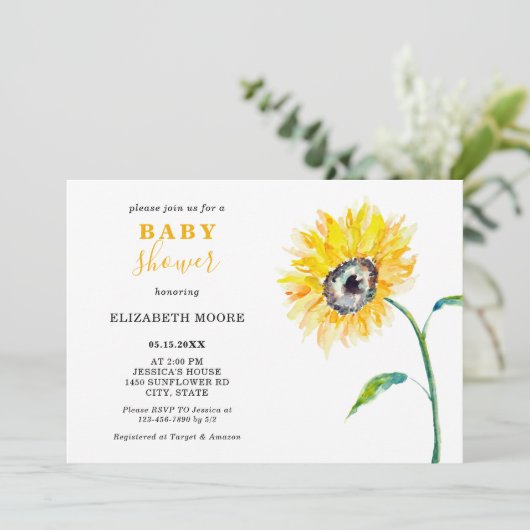 Invitation Baby shower de tournesol aquarelle élégant simple (Debout devant)