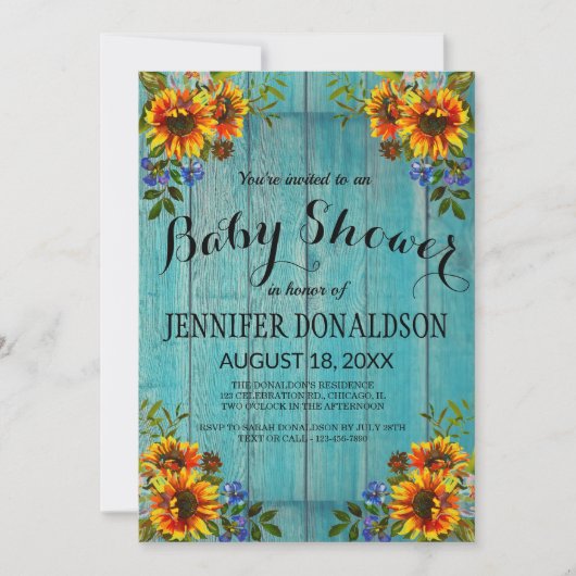 Invitation Baby shower de tournesol bleu rustique (Devant)