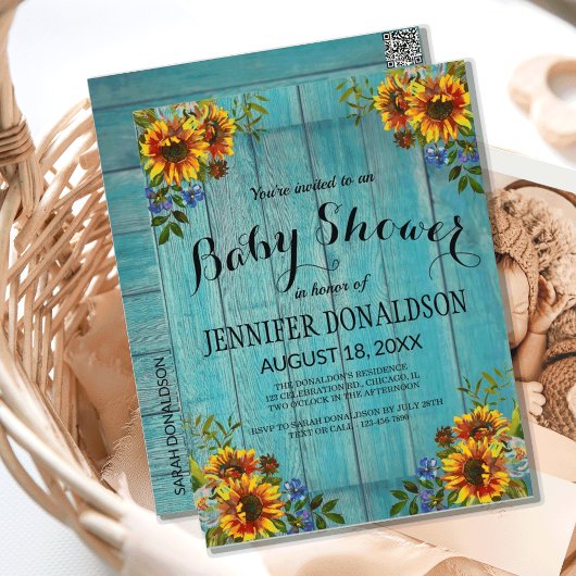 Invitation Baby shower de tournesol bleu rustique