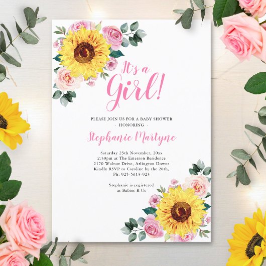 Invitation Baby shower de tournesol C'est une fille rose