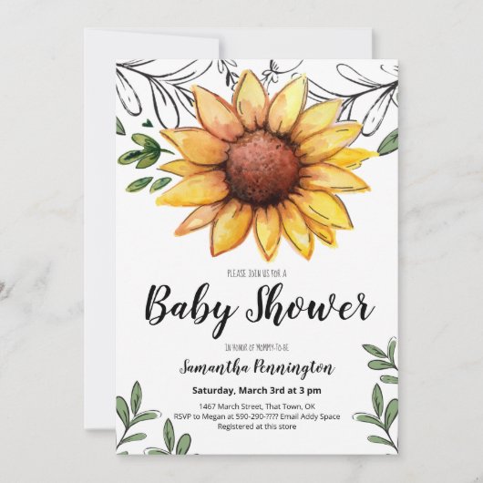 Invitation Baby shower de tournesol d'aquarelle (Devant)