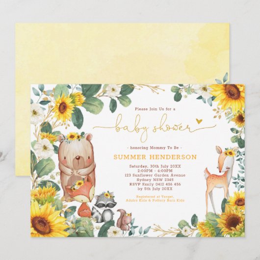 Invitation Baby shower de tournesol des animaux tendance en b (Devant / Derrière)