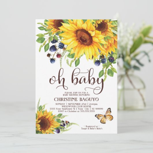 Invitation Baby shower de tournesol Elegant Boho (Debout devant)