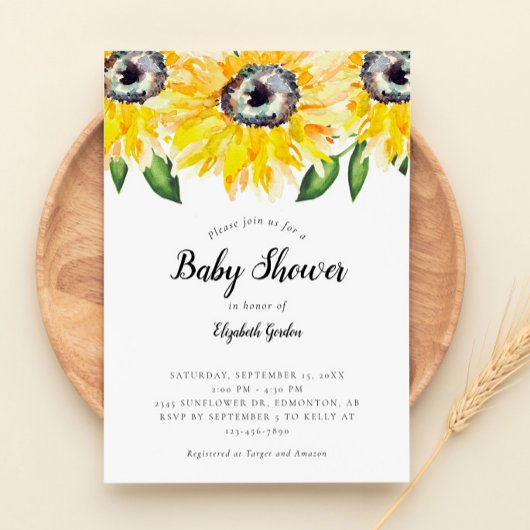 Invitation Baby shower de tournesol Élégant Script Aquarelle