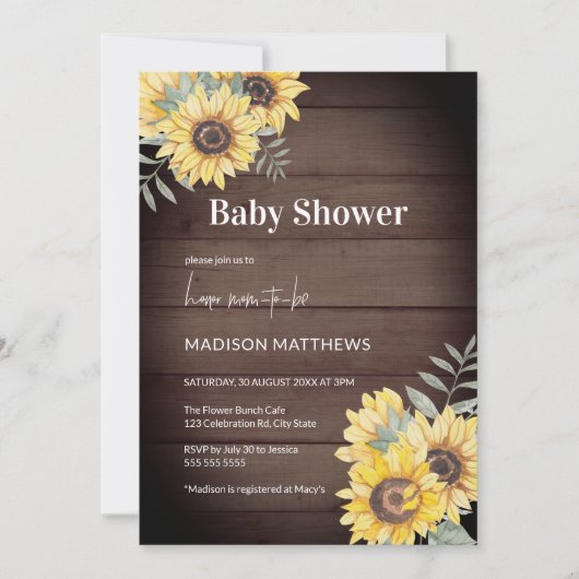 Invitation Baby shower de tournesol en bois de ferme (Devant)