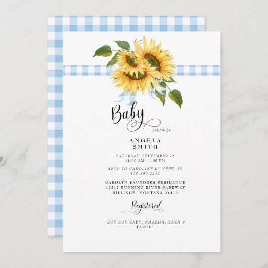 Invitation Baby shower de tournesol En vichy bleu doux II (Devant / Derrière)