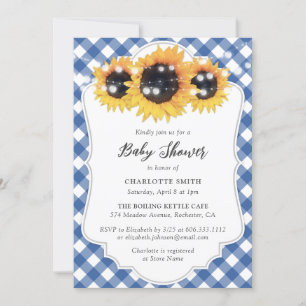 Invitation Baby shower de tournesol En vichy bleu rustique