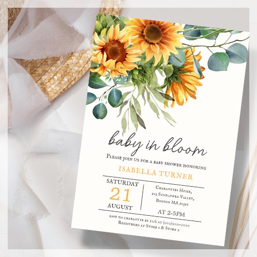 Invitation Baby shower de tournesol et d'eucalyptu