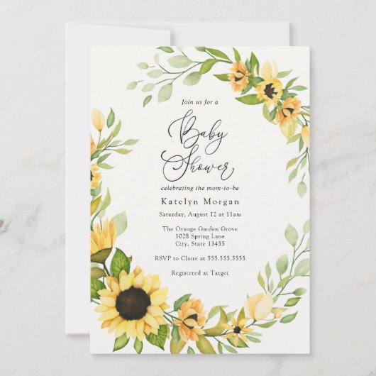 Invitation Baby shower de tournesol et verdure (Devant)