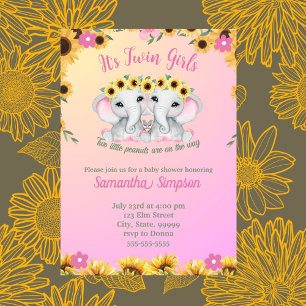 Invitation Baby shower de tournesol rose Eléphant Twin Girls