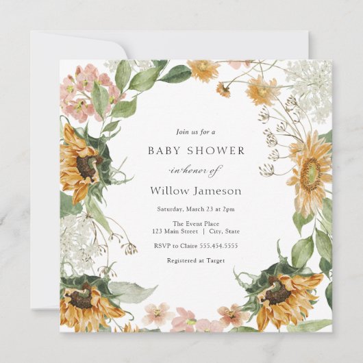 Invitation Baby shower de tournesol rustique (Devant)