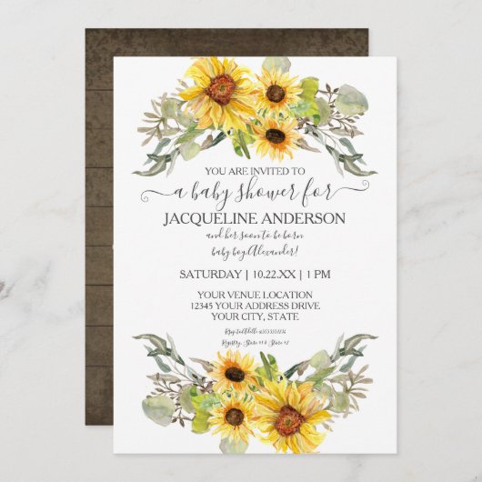 Invitation Baby shower de tournesol rustique en bois (Devant / Derrière)