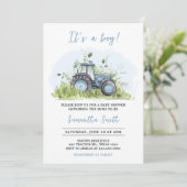 Invitation Baby shower de tracteur bleu (Debout devant)