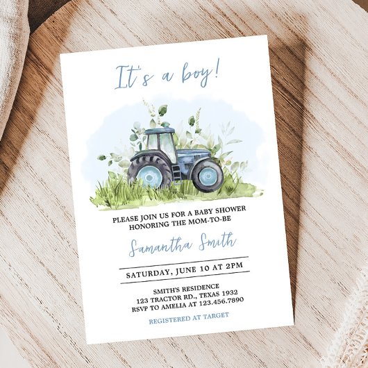 Invitation Baby shower de tracteur bleu