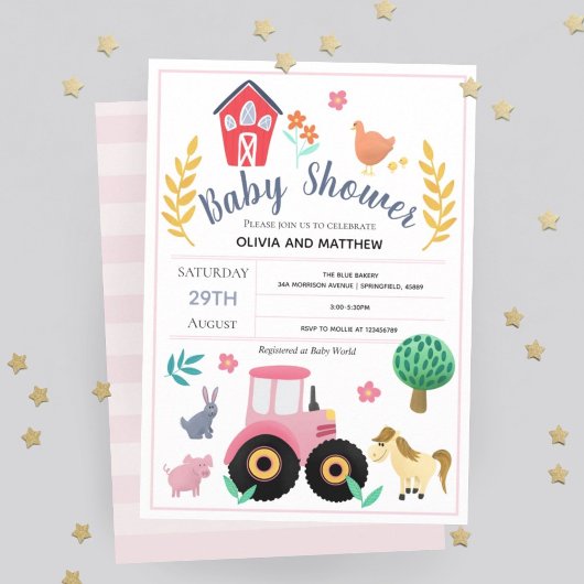 Invitation Baby shower de tracteur de ferme rose-rose