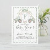 Invitation Baby shower de tracteur vert garçon Preppy Sage Gr (Debout devant)
