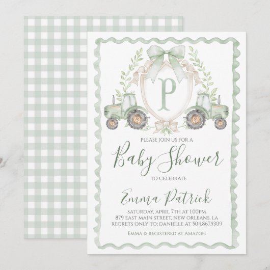 Invitation Baby shower de tracteur vert garçon Preppy Sage Gr (Devant / Derrière)