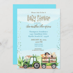 Invitation Baby shower de tracteurs Blue Green Farm Boys