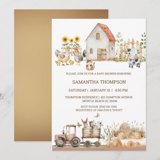 Invitation Baby shower de tracteurs pour animaux de ferme (Devant / Derrière)