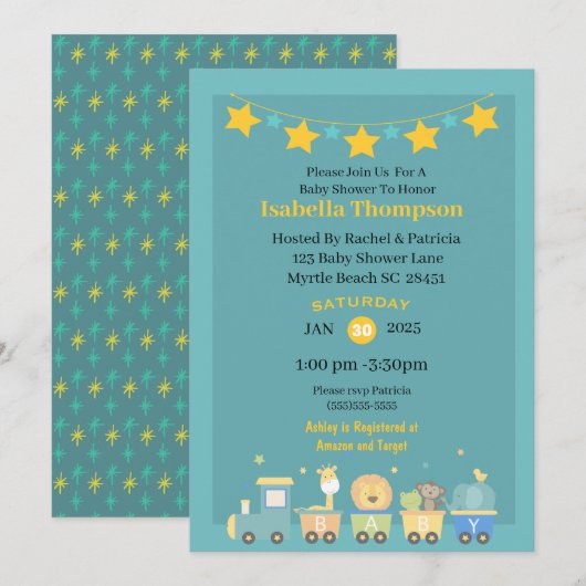 Invitation Baby shower de train Safari Turquoise et Jaune (Devant / Derrière)
