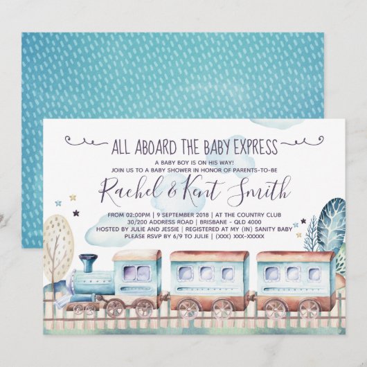 Invitation Baby shower de train Watercolor Choo Choo (Devant / Derrière)