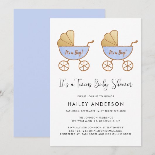 Invitation Baby shower de transport à l'aquarelle Twin Boys (Devant / Derrière)