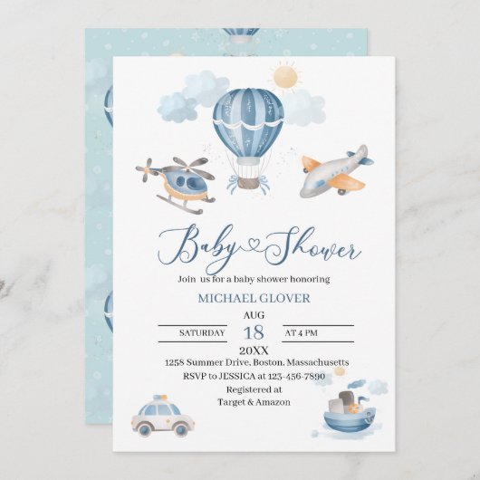 Invitation Baby shower de transport aquarelle (Devant / Derrière)