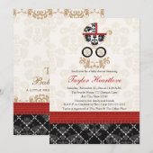 INVITATION BABY SHOWER DE TRANSPORT DE BÉBÉ DE DAMASK ROUGE E (Devant / Derrière)