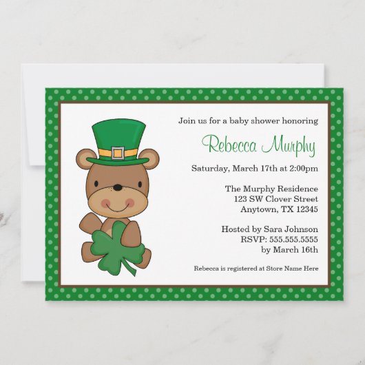 Invitation Baby shower de trèfle d'ours du jour de St Patrick (Devant)
