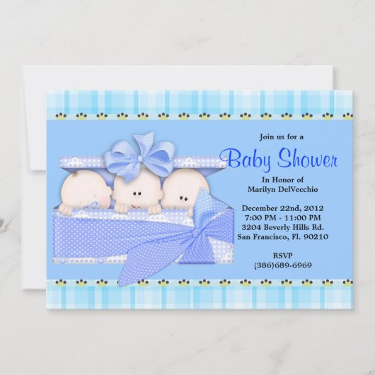 Invitation Baby shower de Triplets Bleus sucrés (Devant)