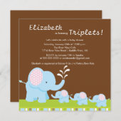 Invitation Baby shower de triplets d'éléphants de maman et de (Devant / Derrière)