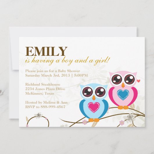 Invitation Baby shower de Twin Boy & Girl Owls (Devant)