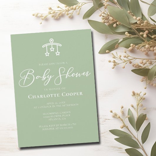 Invitation Baby shower de typographie blanche Chic Sage Green
