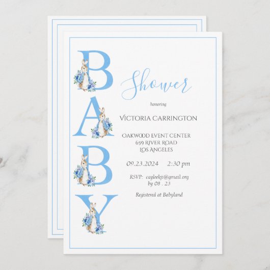 Invitation Baby shower de typographie Blue Peter Rabbit (Devant / Derrière)